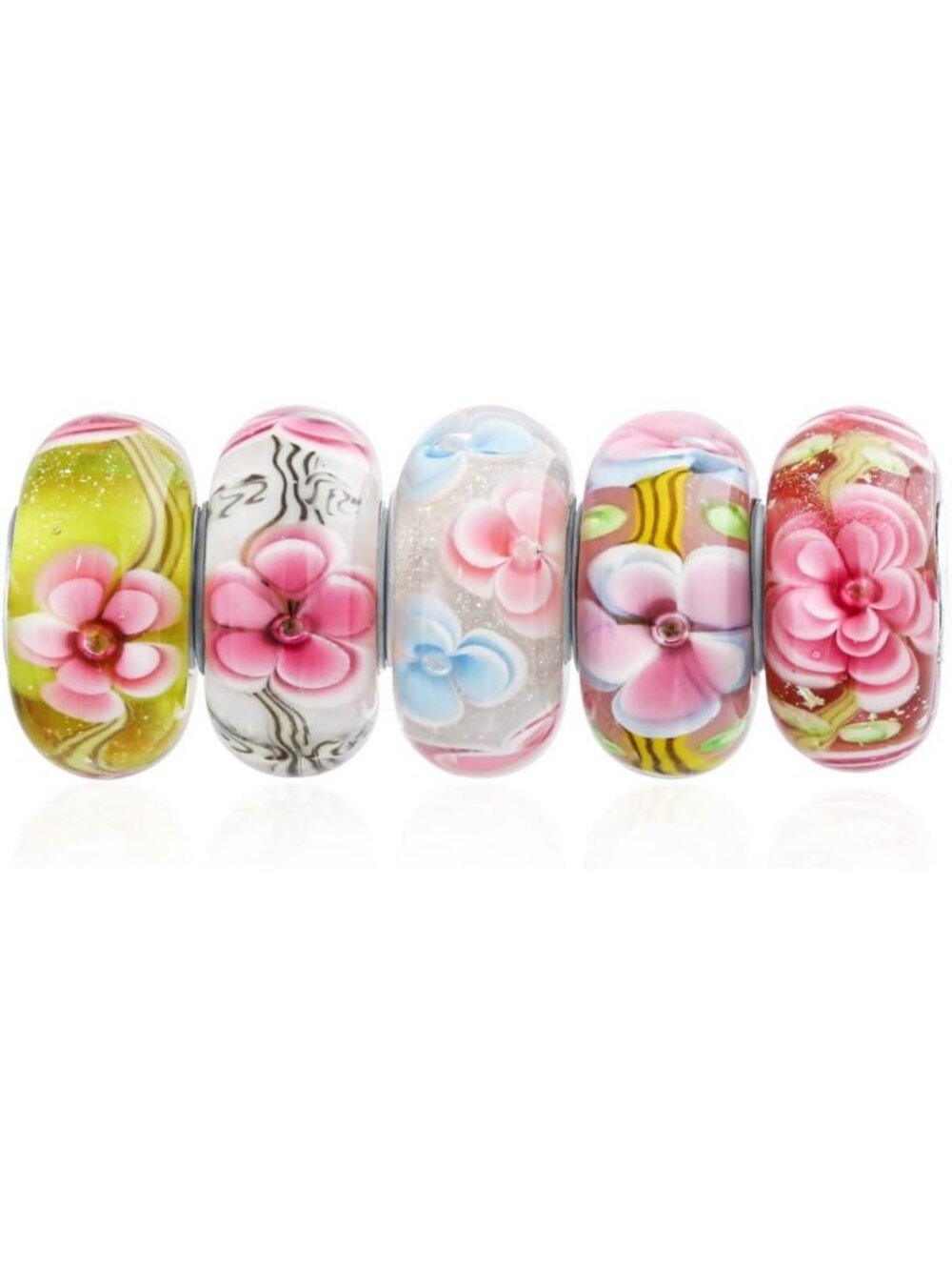 Floral Murano Glass Charm Beads Set - .925 Sterling Silver for Bracelets - 5